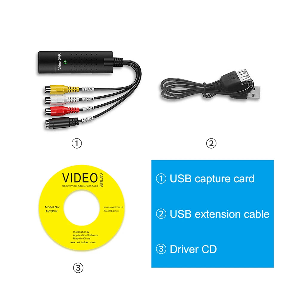 USB Video Capture Card Easy Cap VHS VCR Mini DV Hi8 DVD to Digital Converter RCA/S-video to USB 2.0 Audio Video Record Capturer