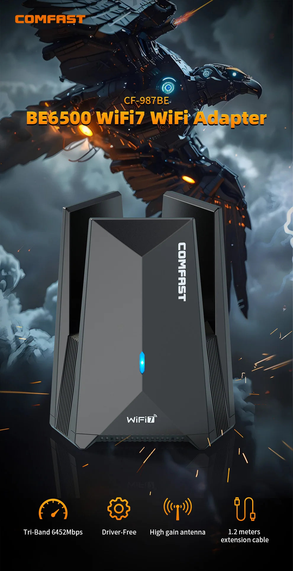Comfast 6452Mbps WiFi 7 USB Wifi Adapter Tri-band 2.4+5+6GHz Wifi Dongle Driver-Free Wireless Network Card USB3.0 WPA3