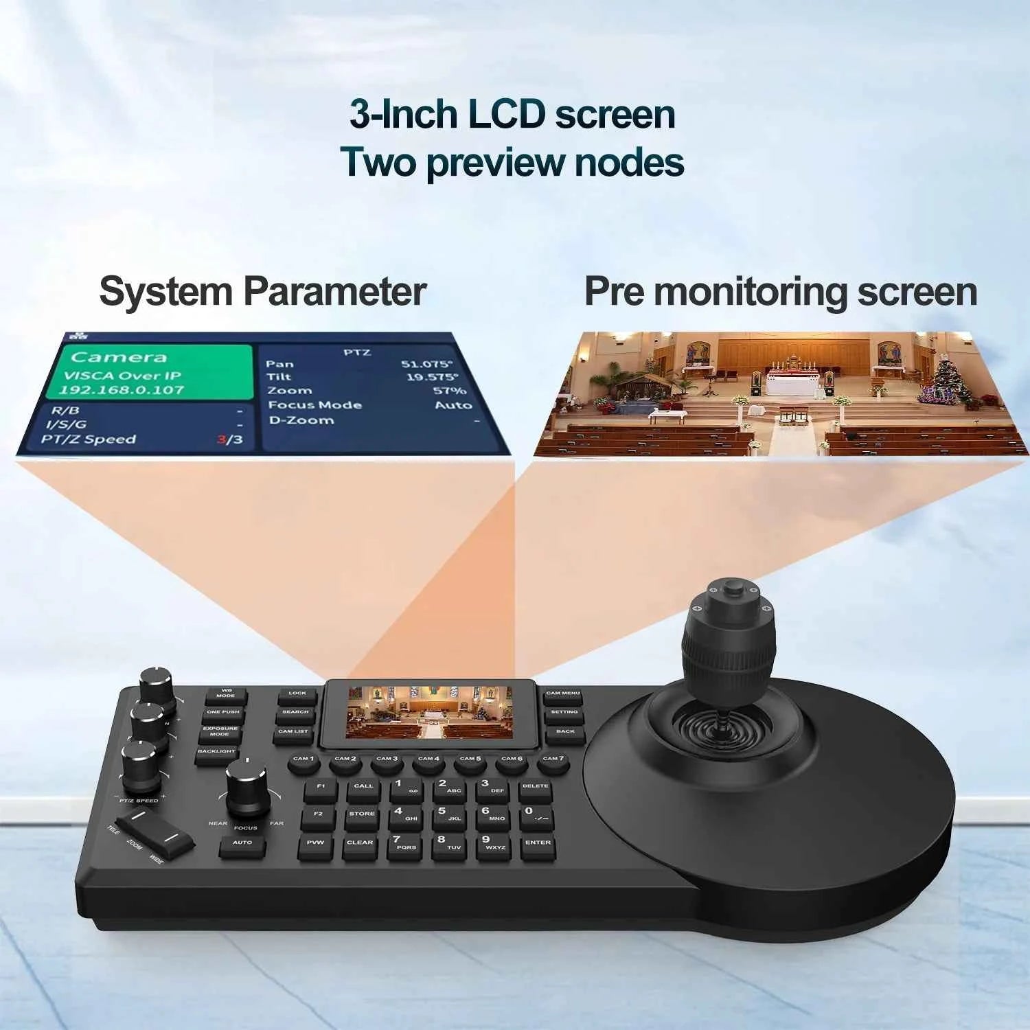 4D Joystick Keyboard NDI POE PTZ Controller 3'' LCD Screen Real-time Preview PTZ Camera Joystick Controller Control 255 Presets