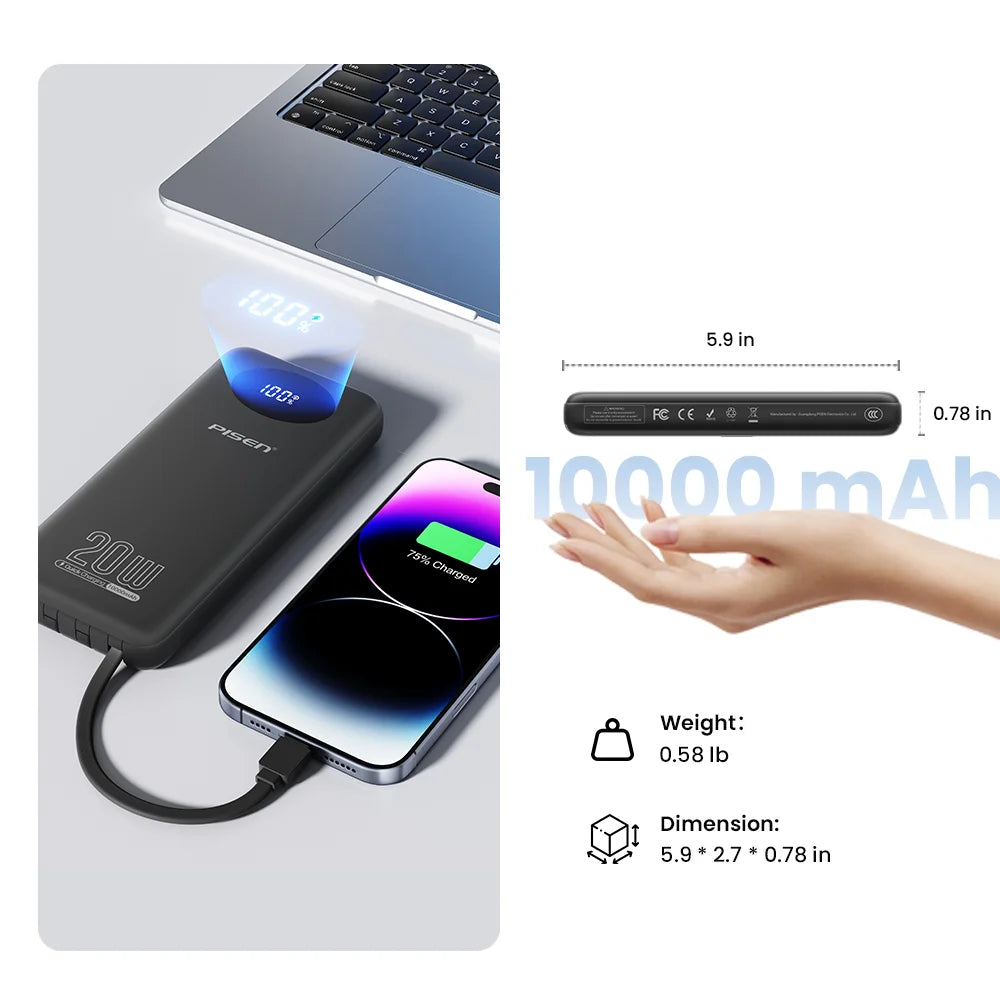 PISEN 3C Certified Power Bank 10000mAh & 20000mAh 20W Fast Charging Powerbank With 4 Built-in Cables For iPhone Samsung Xiaomi