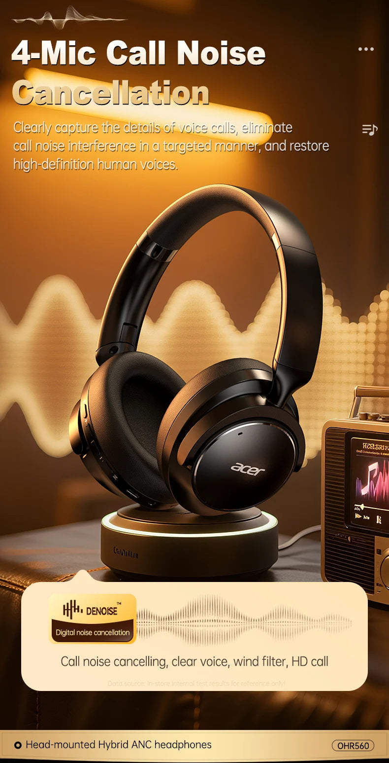 Acer Ohr560 Wireless Bluetooth Headset, Full-Ear Foldable Headphones with Built-In Microphone, Stereo Sound, Active Noise Reduction, Compatible with 3.5mm Audio Cable, Suitable for Work, Travel, and Gaming