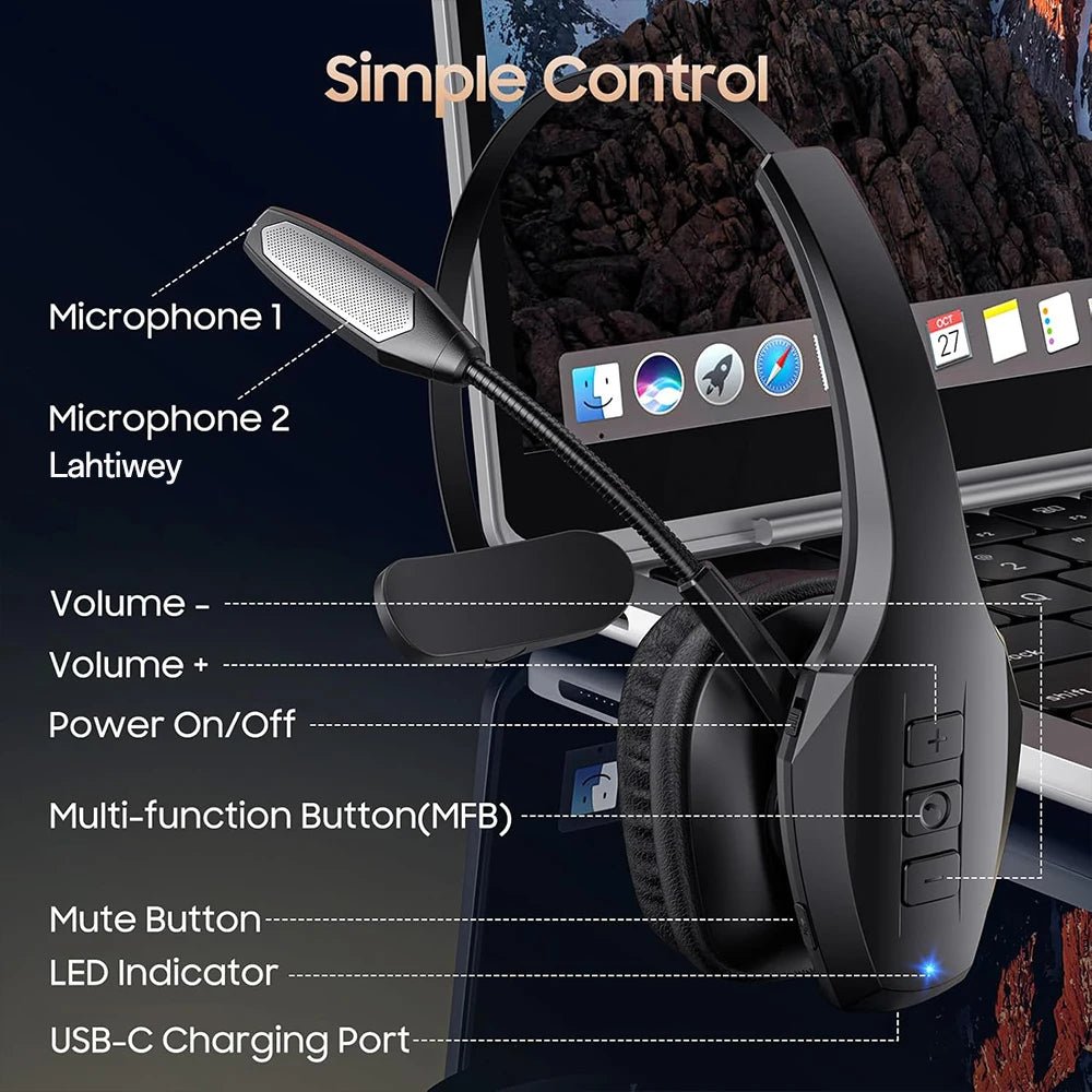 Trucker Bluetooth Headset, Wireless Headset with Mic, Bluetooth Headsets with Dual Noise Cancelling Microphone & Mute Button