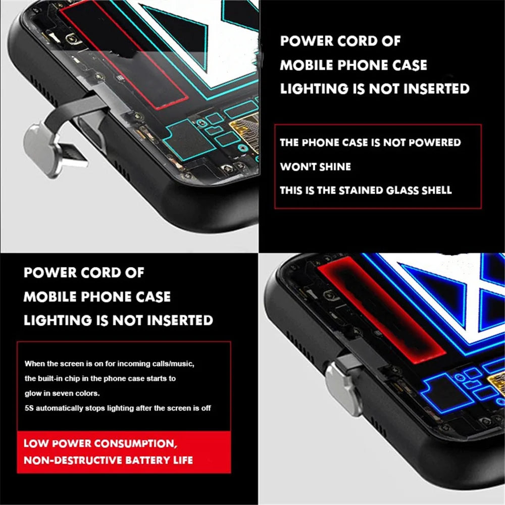 Luxury Blue Chip Pattern Luminous Glass LED Call Light Up Flash Phone Case Cover For iPhone Air 17 16 E 15 14 13 12 Pro Max Plus
