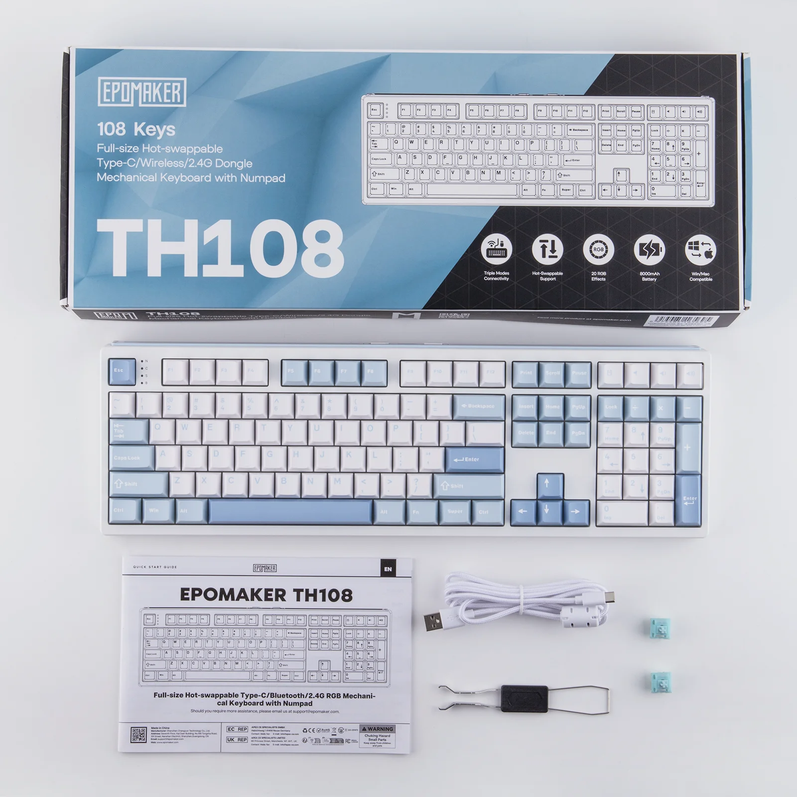 EPOMAKER TH108 100% Full Size Gasket Wired/BT/2.4Ghz Wireless NKRO Mechanical Gaming Keyboard 10000mAh Battery RGB Backlit