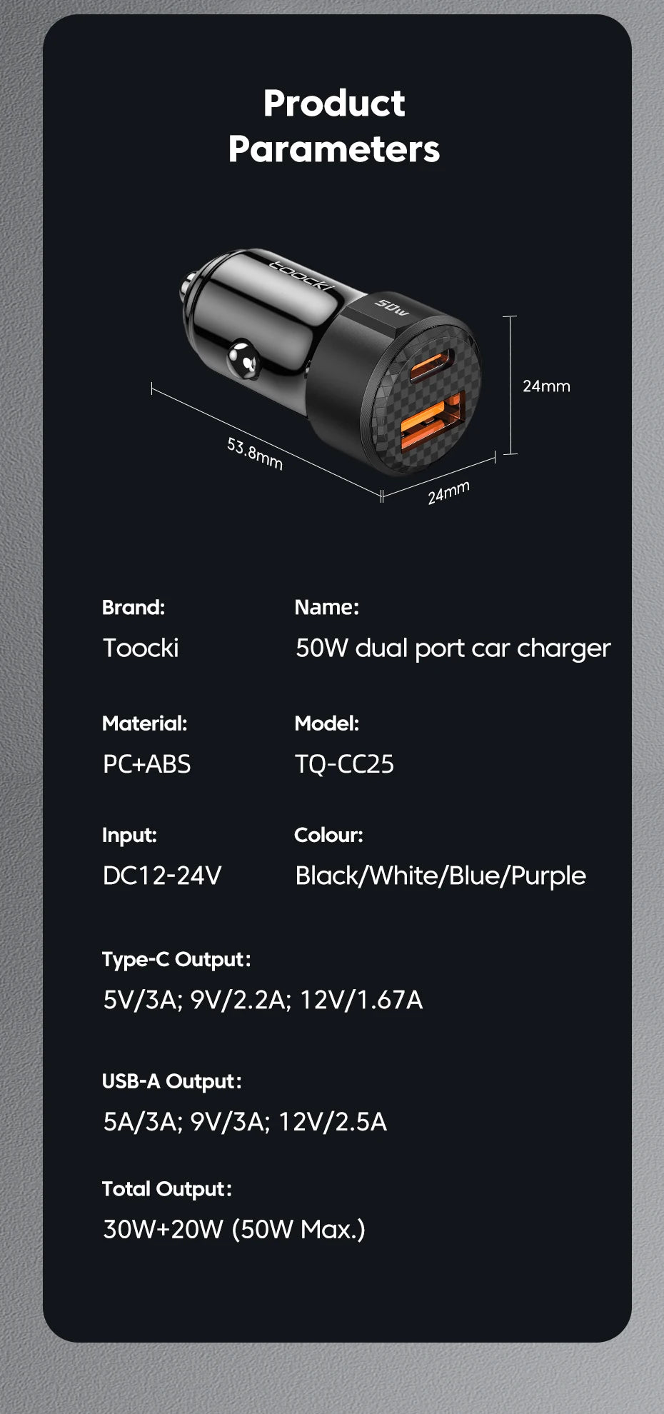 Toocki 50W QC PD 3.0 Car Charger Quick Charge 4.0 USB Type C Car Fast Charging For iPhone 12 13 14 Huawei Samsung Xiaomi POCO