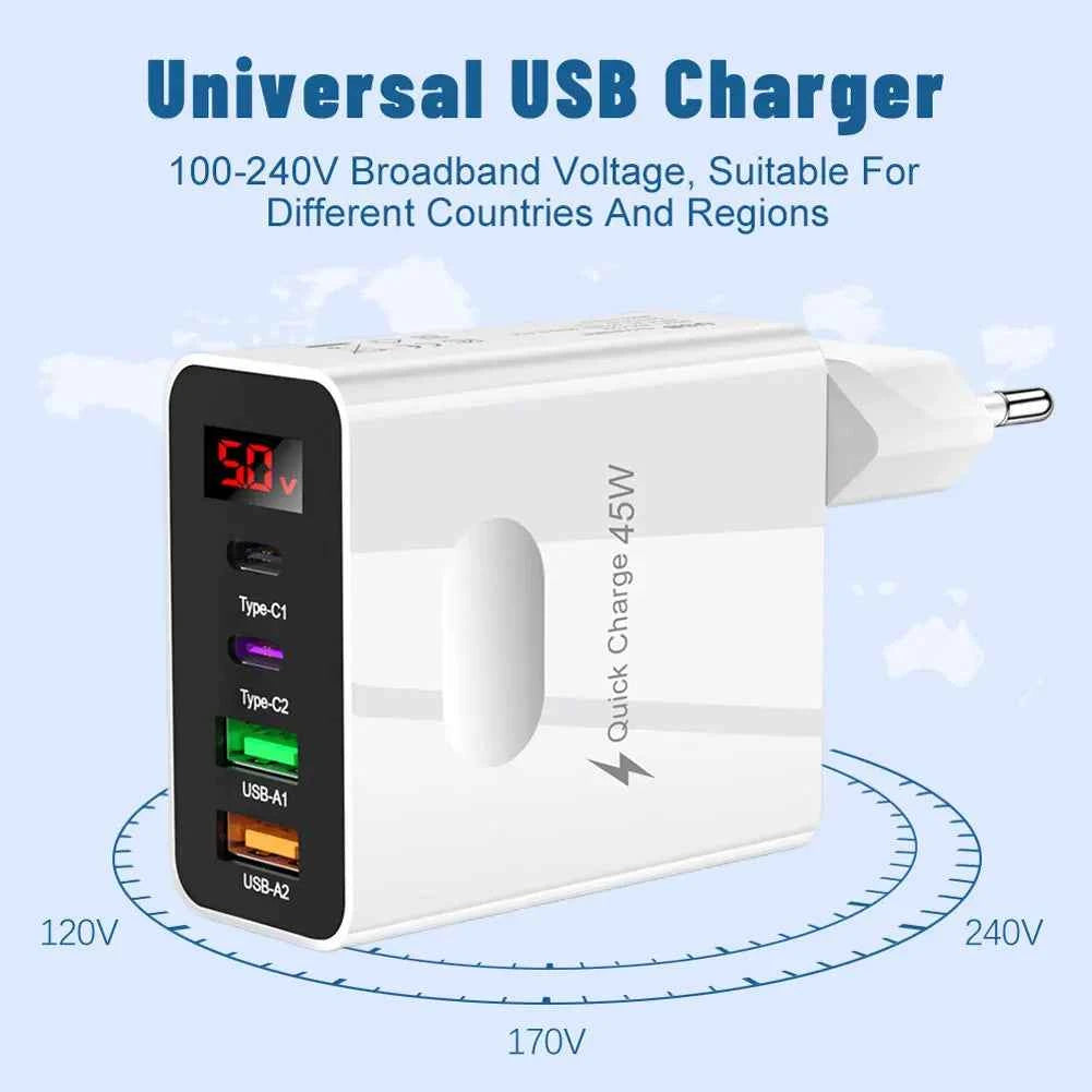 45W Multi Plug Wall Charger 2 Type-C 4 Ports Fast Charging Head Digital Display Quick Charger Head for iPhone 14 Xiaomi Samsung