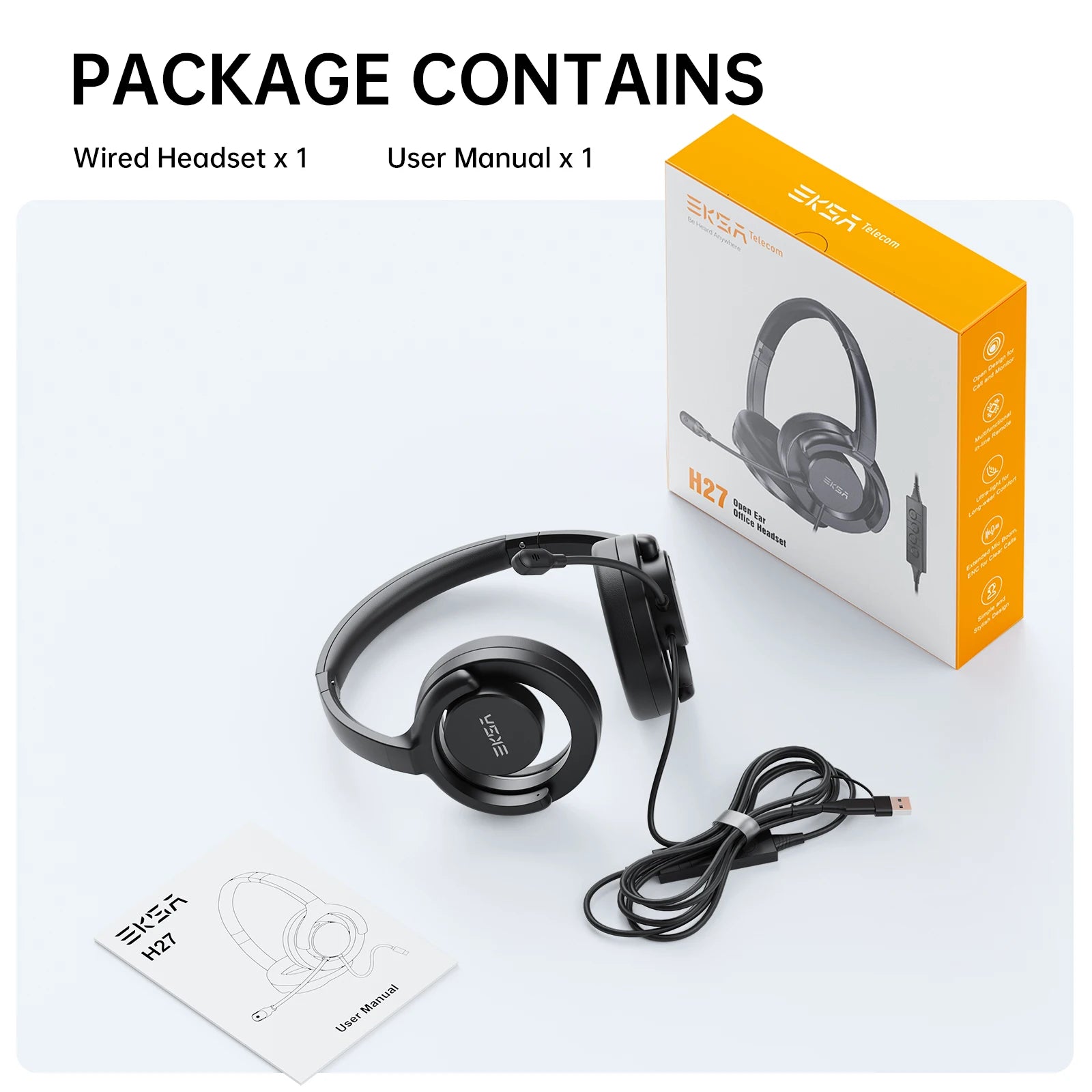 EKSA H27 Open Ear Office Headset USB-A/Type C Wired Headphones with ENC Call Noise Cancelling Microphone for PC/Phone