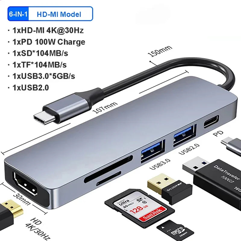 USB C Hub 7 in 1 HDMI 4K Type C Adapter OTG Thunderbolt 3 Dock PD TF SD Macbook iPad XPS Surface Laptop Compatibility