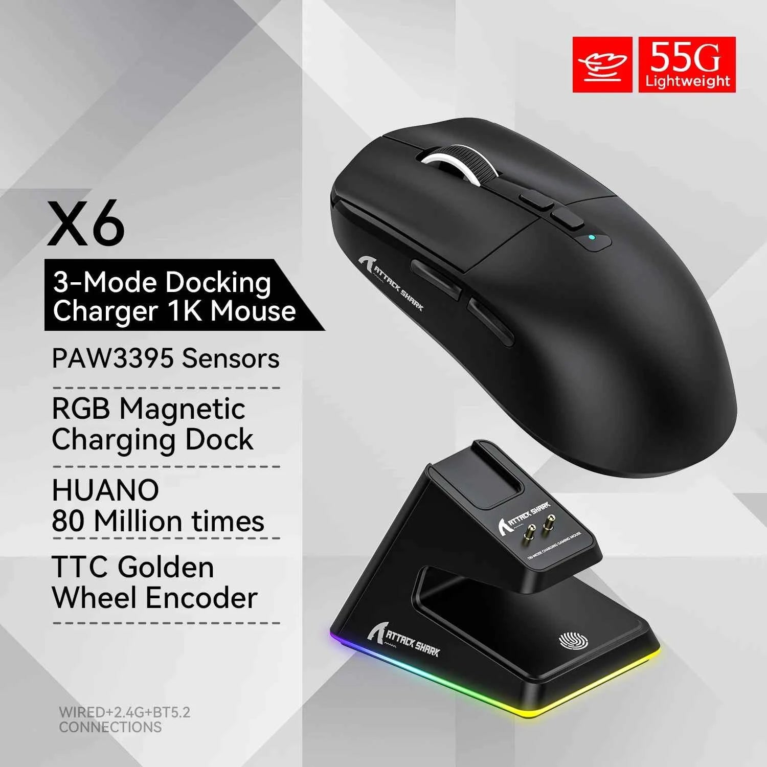 Attack Shark X6 PAW3395 Bluetooth Mouse,2.4 Tri-Mode Connection, RGB Touch Magnetic Charging Base, Macro Gaming Mouse