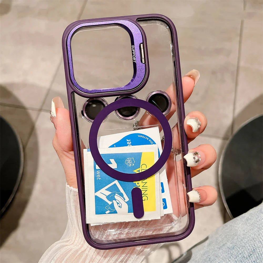 Luxury Magnetic Stand Glass Lens Protection Phone Case For iPhone 17 16 15 14 12 11 Pro Max Plus Magsafe Shockproof cover