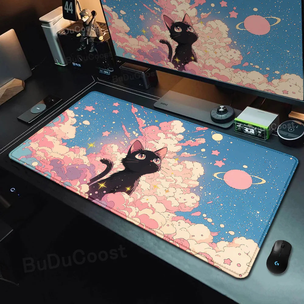 Kawaii Black Cat Mousepad Fast Delivery Keyboard Desk Mat 40x90cm Lock Edge Extend Mouse Pad Starlit Sky Office Table Protection