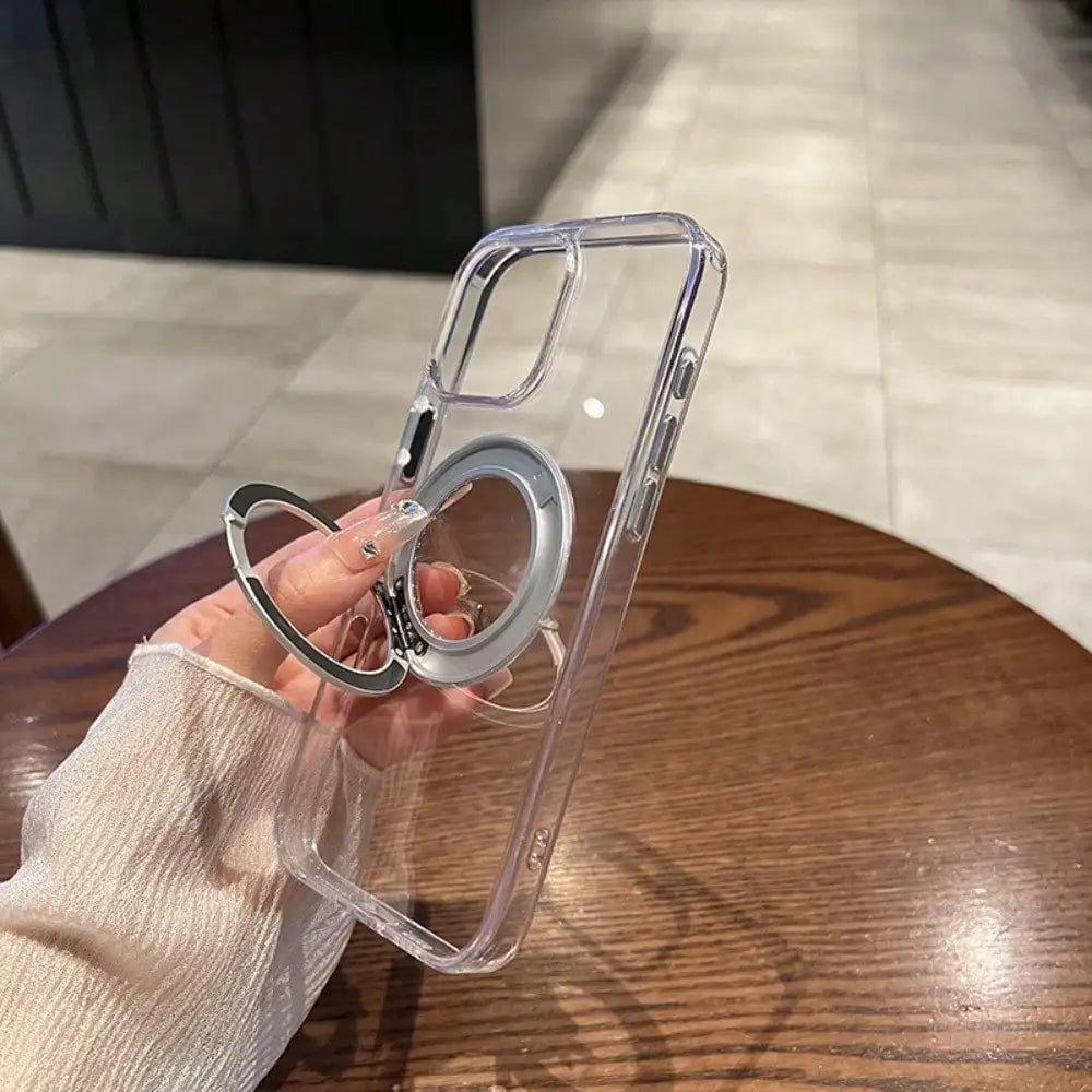 360 ° Rotating Metal Bracket Transparent Magnetic Phone Case, Suitable for IPhone 17 16 15 14 13, All Inclusive Soft Anti Fall