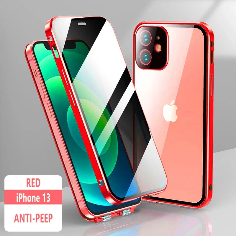 360°Full Protection Metal Magnetic Double-Sided Glass Snap Lock Anti Peeping Phone Case For iPhone 15 14 13 12 16 Pro Max Cover