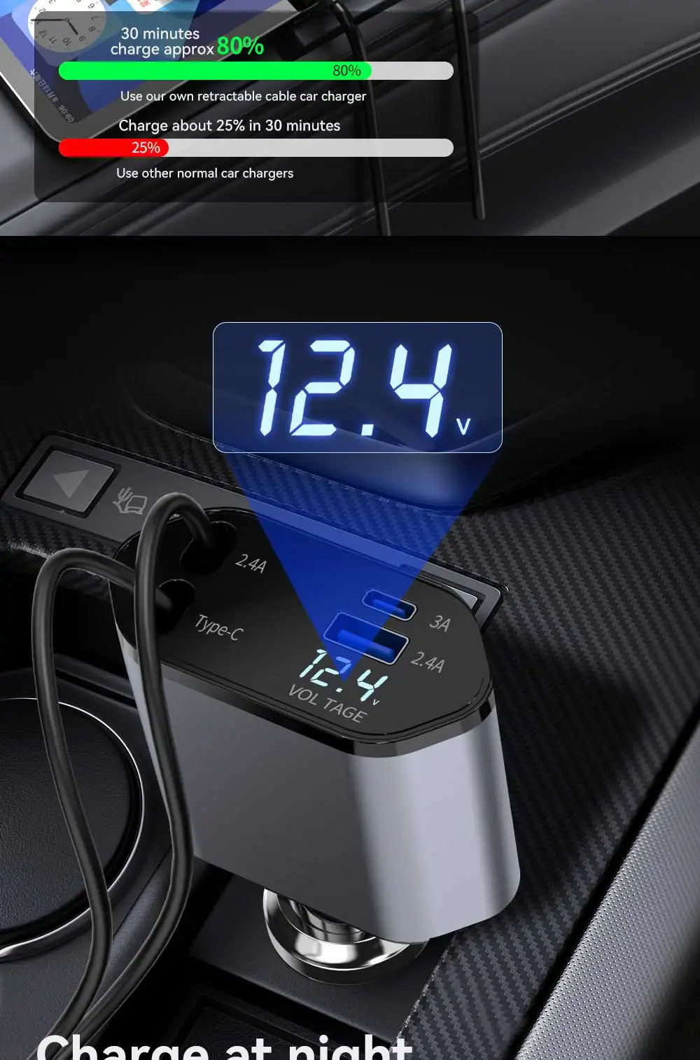 120W 4 in 1 Car Charger Retractable Car Cigarette Lighter Adapter USB Type C Fast Charger Cable For IPhone Xiaomi Huawei Samsung