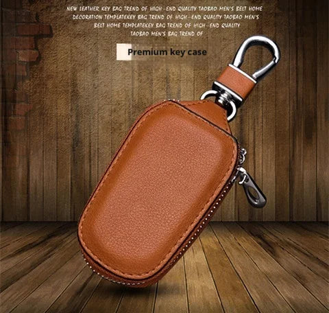 Genuine Cowhide Car Key Case Universal Zipper Leather Key Holder Portable Waist Hanging Auto Remote Fob Key Bag