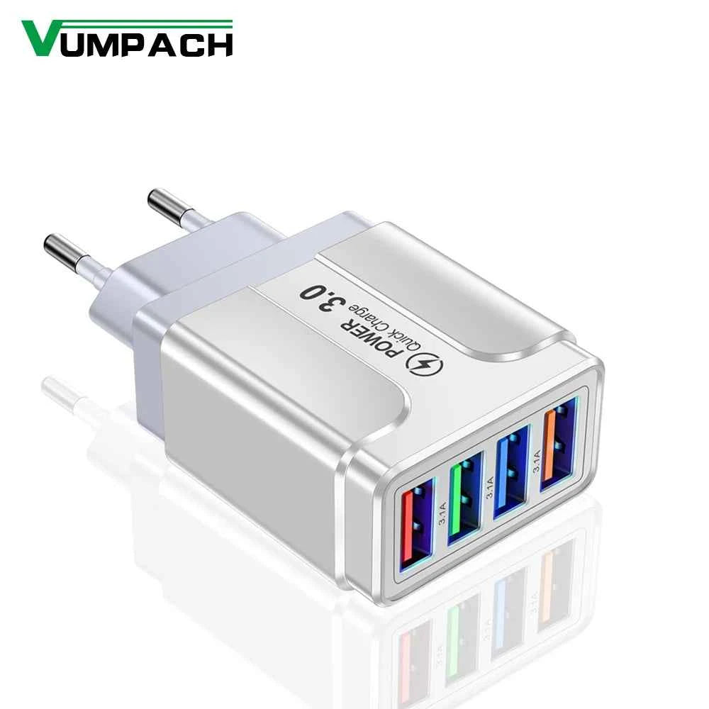 4 Ports Quick Charge 3.0 Wall Fast Charger Adapter Micro USB Fast Data Sync Charger Cable for Samsung Xiaomi Huawei Mobile Phone
