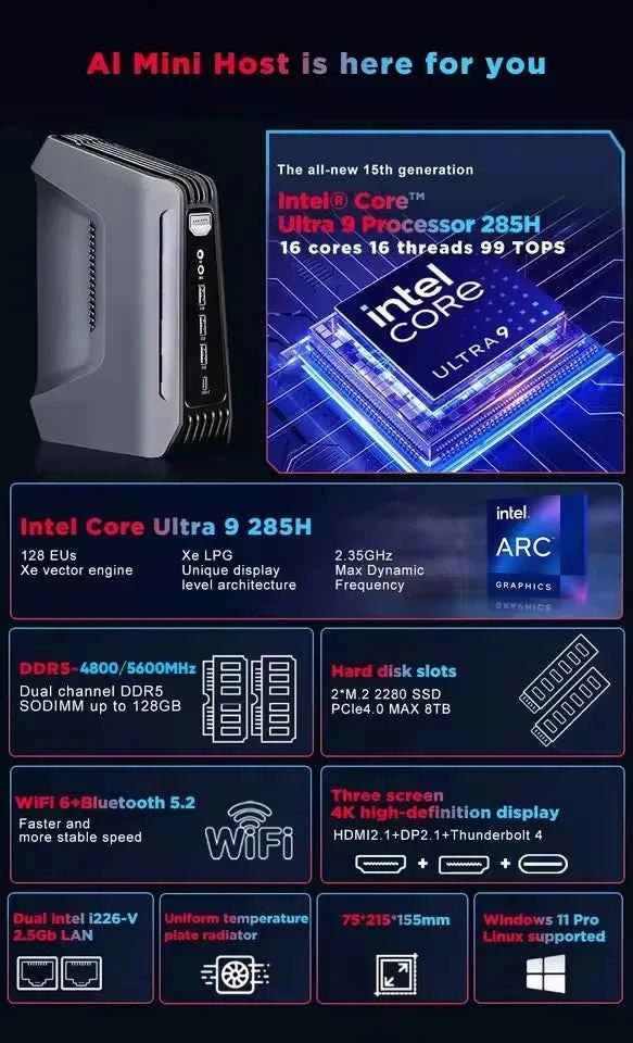 Topton 2x2.5G LAN F12 AI Gaming Mini PC 15th Gen Intel Core Ultra 9 285H 7 255H Thunderbolt 4 2xDDR5 2xPCIe Windows 11 RGB WiFi6