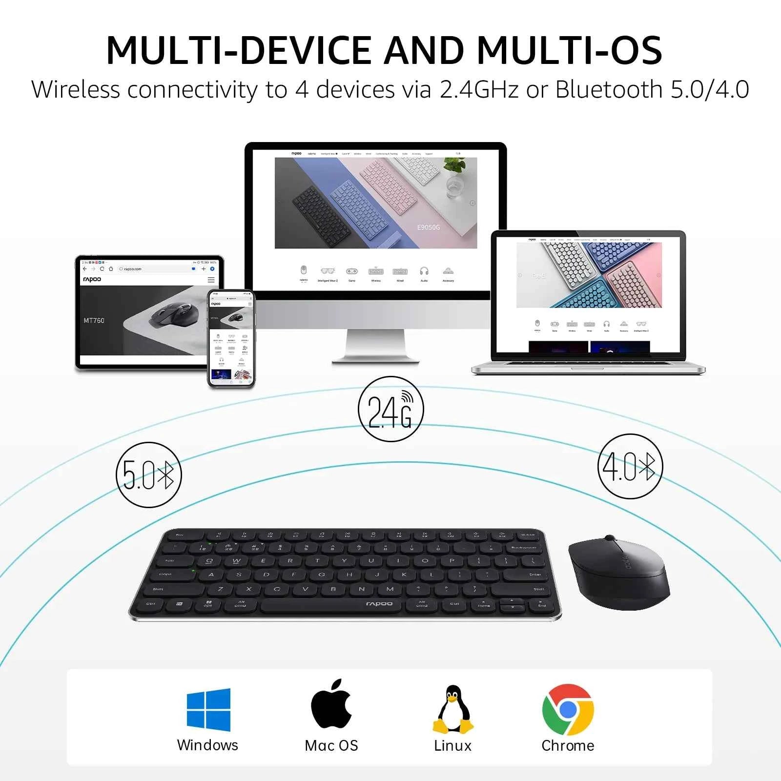 Rapoo 9010M/E9050L/E9350L Multi-Device Wireless Bluetooth Keyboard 2.4G/Bluetooth 5.0/4.0 Support 4 Devices