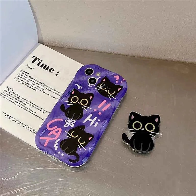 Cute Dark Cat Grip Tok Holder Wave TPU Soft Phone Case for Samsung Galaxy S23 Ultra S24 Plus S25 S22 S21 S20 FE A30S A51 A31 A50