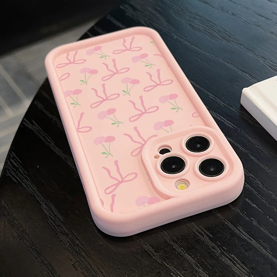 Cute pink phone case with a glittery bow pattern for iPhone 15 Pro Max, iPhone 16/14/13 Pro/12