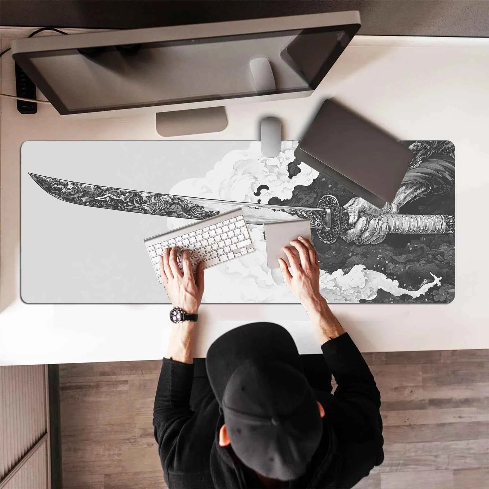 Black And White Comic Wind Sword Model Keyboard Mouse Pad Desk Mat, 3D Gaming Mouse Pad with Non-Slip Rubber Base Stitched Edges