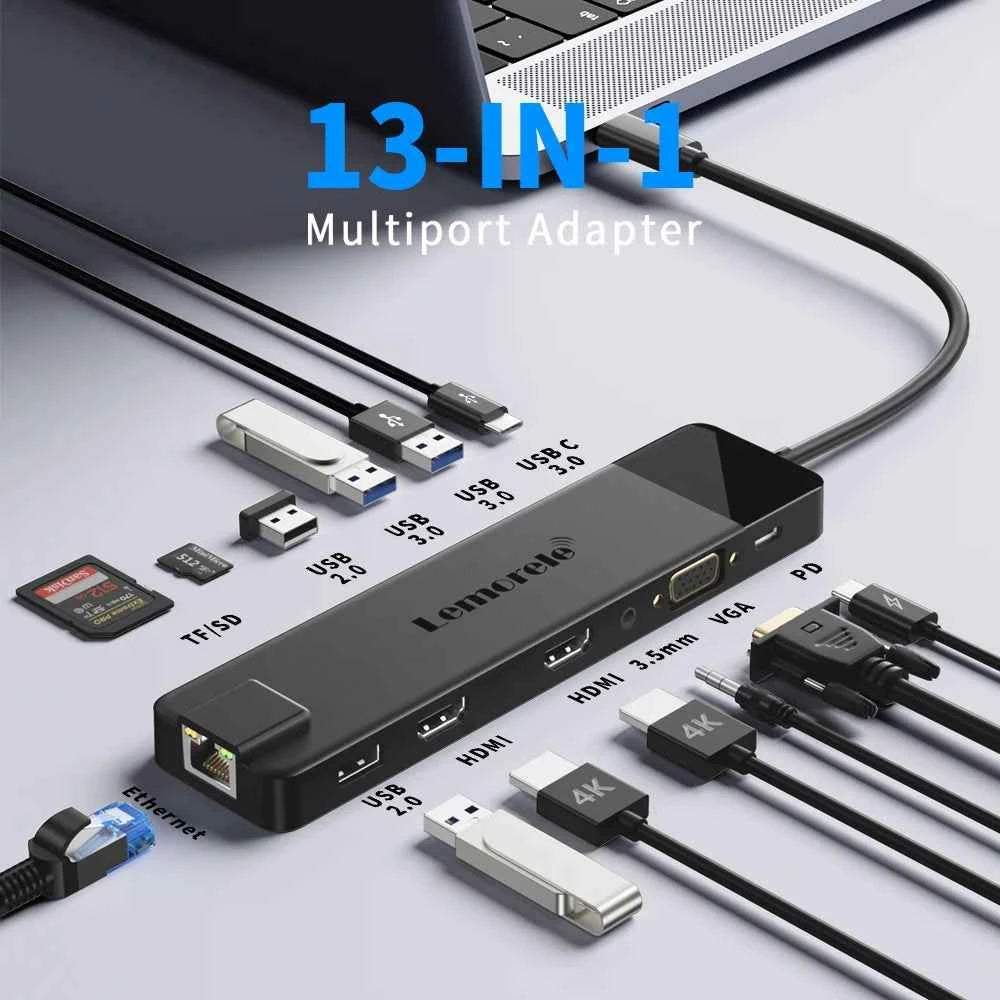 Lemorele USB-C Hub 13-in-1 Gigabit Docking Station VGA USB Type C Hub 4K30Hz HDMI-compatible USB 3.0 Adapter RJ45 PD100W