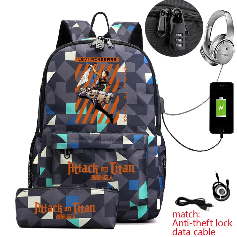Attack on Titan Anime Print School Backpack Anti-Theft Laptop Bag for Boys Girls with Pencil Case