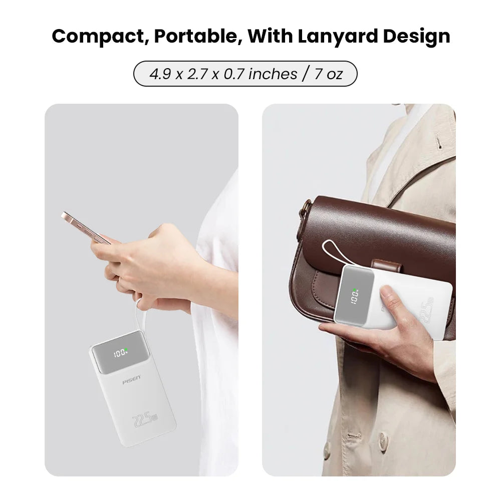 PISEN 3C Certified 22.5W Power Bank 10000mAh/ 20000mAh With Built-in Type C/L Cables Fast Charging Powerbank For iPhone Samsung
