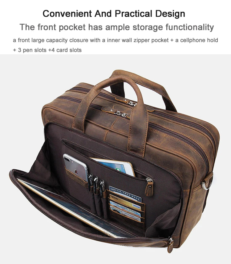 High Quality Genuine Leather Men Briefcase Business bag Crazy Horse Leather Large 17