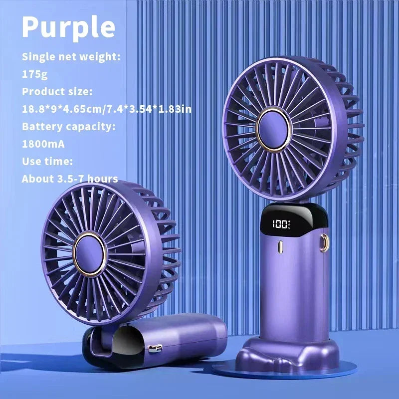 Folding Fan with Phone Stand, 5-Speed USB-C Rechargeable, LED Display Handheld & Desk Fan, Portable Fan for Outdoor Travel Gift