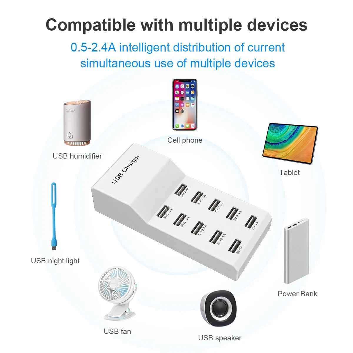 10 Ports 50W USB Charging Station QC2.0 Smart Multi USB Charger 2.4A US EU UK Plug Desktop Charger for Smartphone Tablet