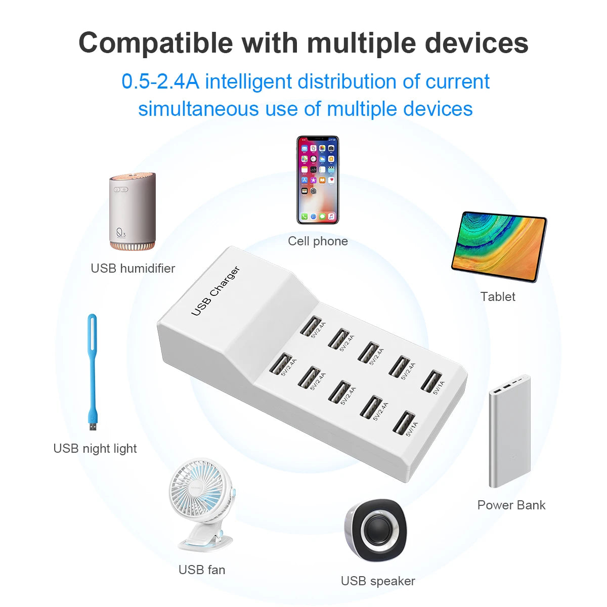 10 Ports 50W USB Charging Station QC2.0 Smart Multi USB Charger 2.4A US EU UK Plug Desktop Charger for Smartphone Tablet
