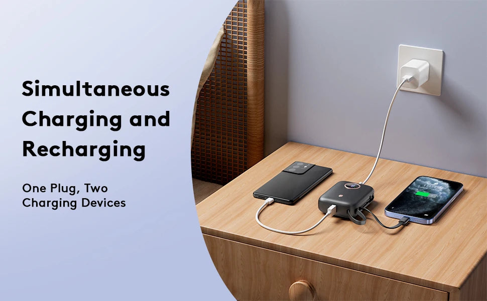 10000mAh Mini Power Bank，Ultra Compact Portable Charger with Built-in Cable，22.5W Fast Charger for iPhone Samsung Android.