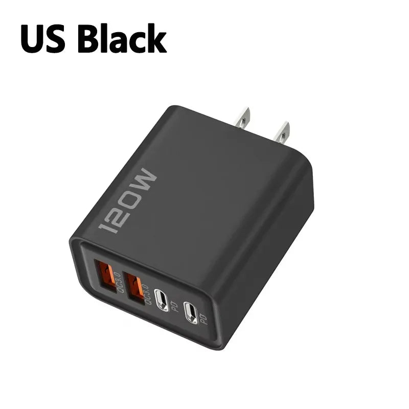4 Ports 120W Charger USB C PD Quick Charge 3.0 Type C USB Phone Chargers Fast Charging Adapter For iPhone Samsung Xiaomi Huawei