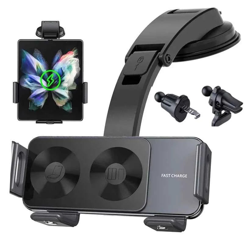 Dual Coil Fold Screen Car Wireless Charger For Samsung Galaxy Z Fold 7 6 5 4 S24 Flip iPhone 17 Pro Max Phone Holder Stand Mount