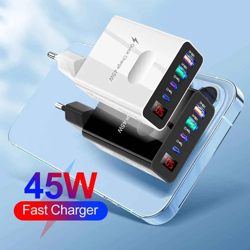 45W Multi Plug Wall Charger 2 Type-C 4 Ports Fast Charging Head Digital Display Quick Charger Head for iPhone 14 Xiaomi Samsung