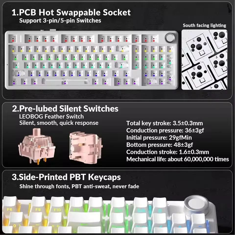AULA F99 Pro Silent Mechanical Keyboard 2.4G Wireless PBT Keycap Hot-Swappable RGB Backlit Translucent Sided Engraved Keyboard