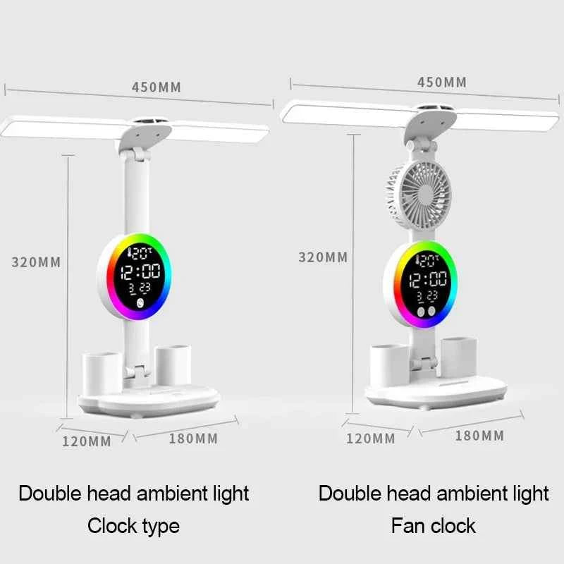 LED Table Lamp with Fan And Clock Display Reading Desk Light for Study Night Light Adjustable Brightness