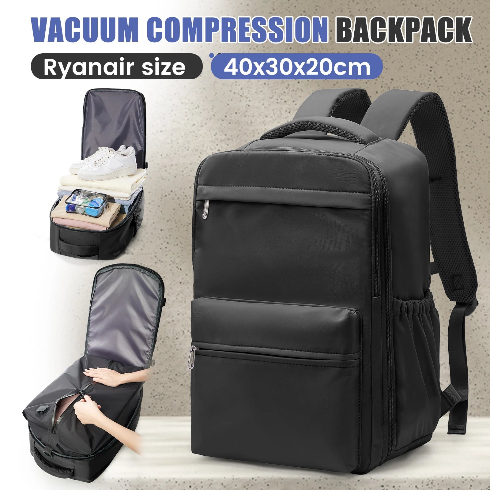 Ryanair 40x30x20 Travel Backpack – Vacuum Compression Cabin Bag with Pump, 15.6” Laptop Carry-On for Wizzair & Airline Personal Item