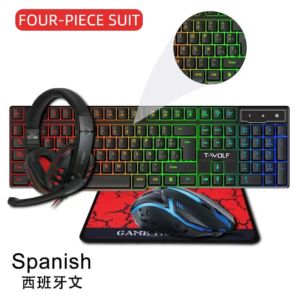 T-WOLF Thunderwolf TF880 Wired Keyboard, Mouse, Headphones and Audio Five-piece E-sports Game Enjoy Super Fast Moving Speed.