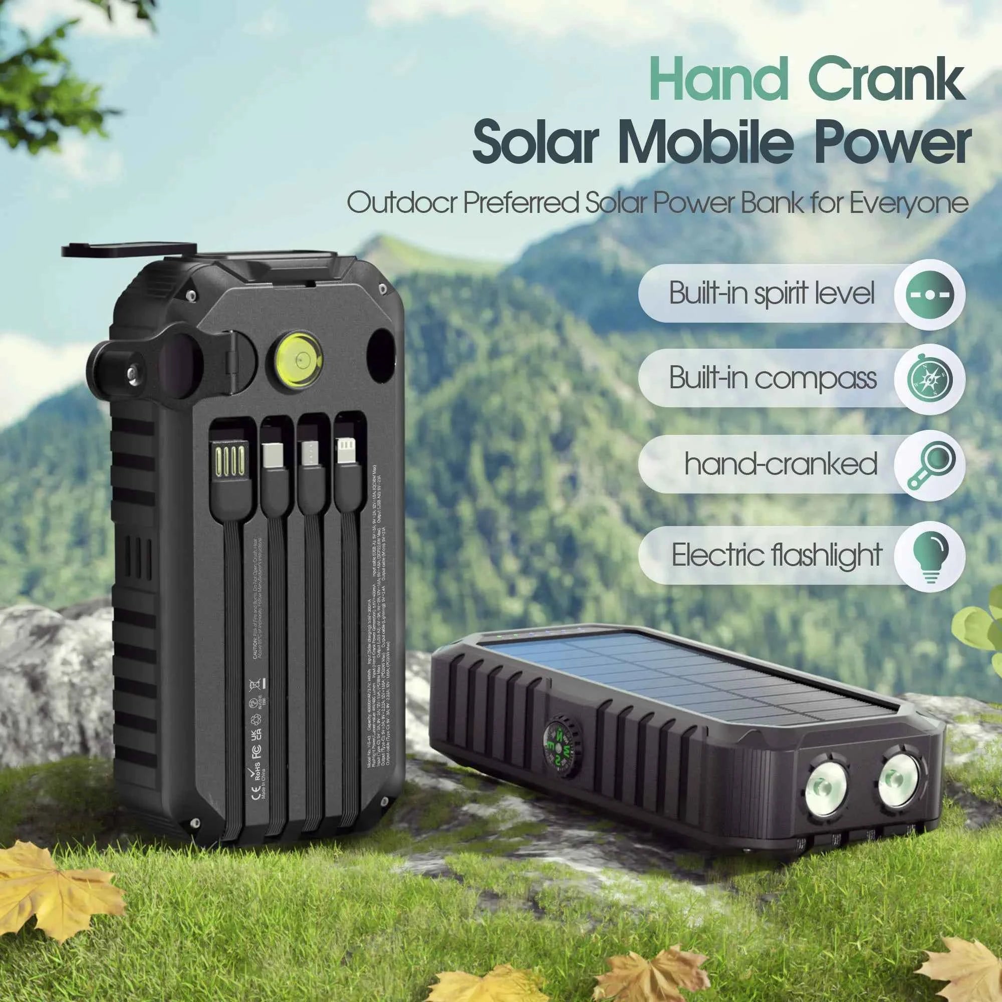 40,000mAh Solar Power Bank with Hand Crank & 4 Cables,Dual UsB/Type-C Fast Charging, Bright LED Light, Built-inCompass & Leveler