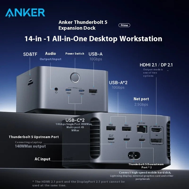ANKER Prime TB5 Thunderbolt 5 Docking Station Dual 8K Triple Screen Display Type-C Expansion 120Gbps 14-in-1 for MacOS/Windows