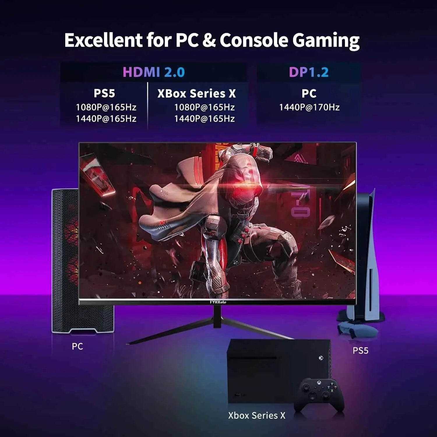 FYHXele 27 Inch Monitor 170hz 2K Gaming Display 1ms ADM-Free Sync 8 Bits 99%sRGB IPS Desktop LED Display HDMI DP HDR400