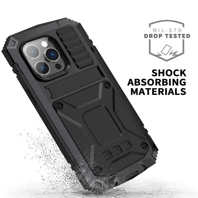 for iPhone 14 13 12 Pro Max Mini 11 Pro Max Case Full-Body Rugged Armor Shockproof Protective Kickstand Aluminum Metal Cover