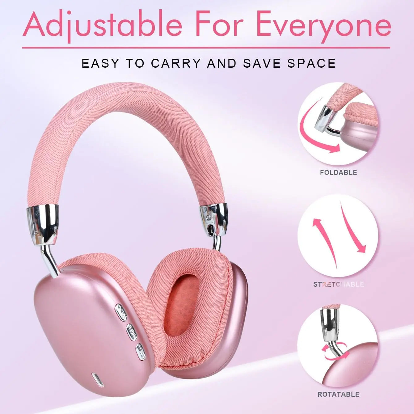 Foldable Over Ear Bluetooth Headphones Pink Stereo Wireless Headset with Microphone Support TF Card for Gaming Music