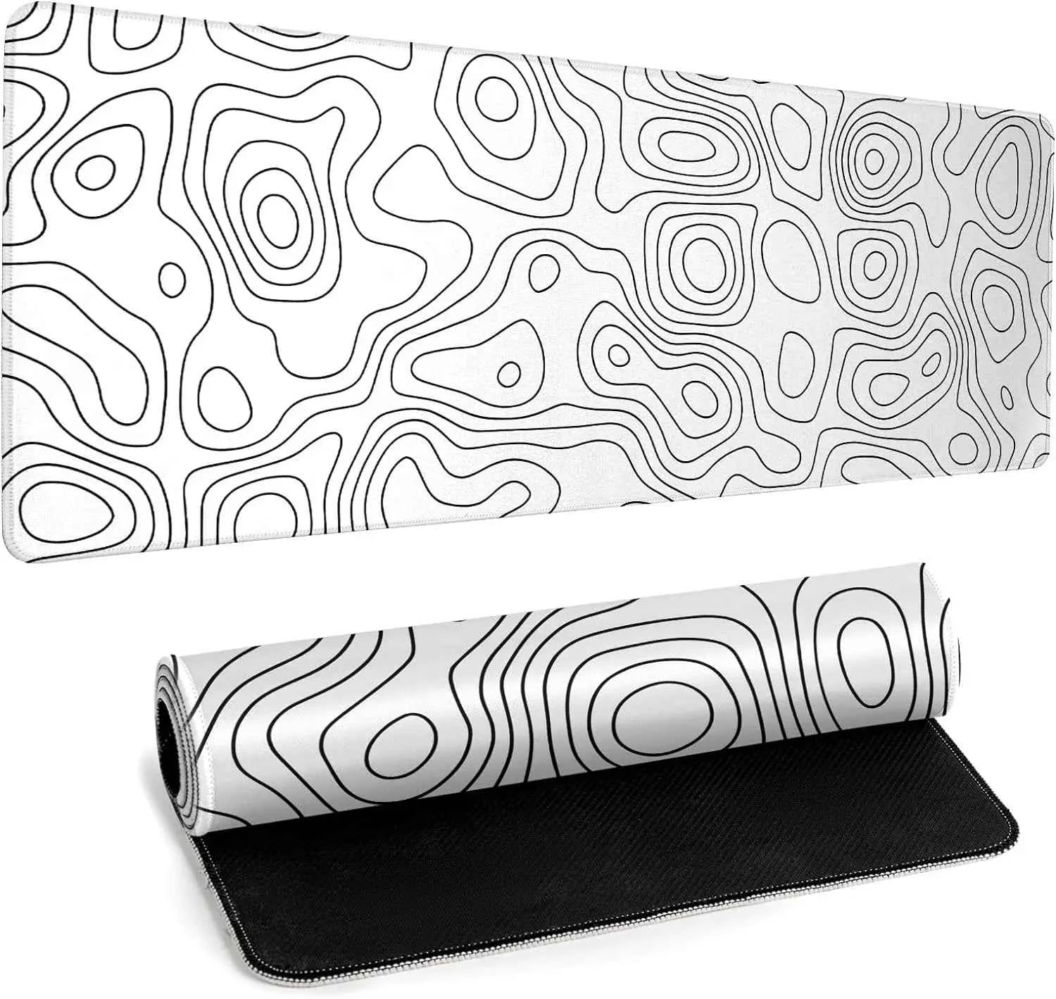 White Gaming Mouse Pad Topography Contour Large Mouse Pad Laptop Deskmat Keyboard Mat Stitched Edge Non-Slip Rubber Big Desk Pad