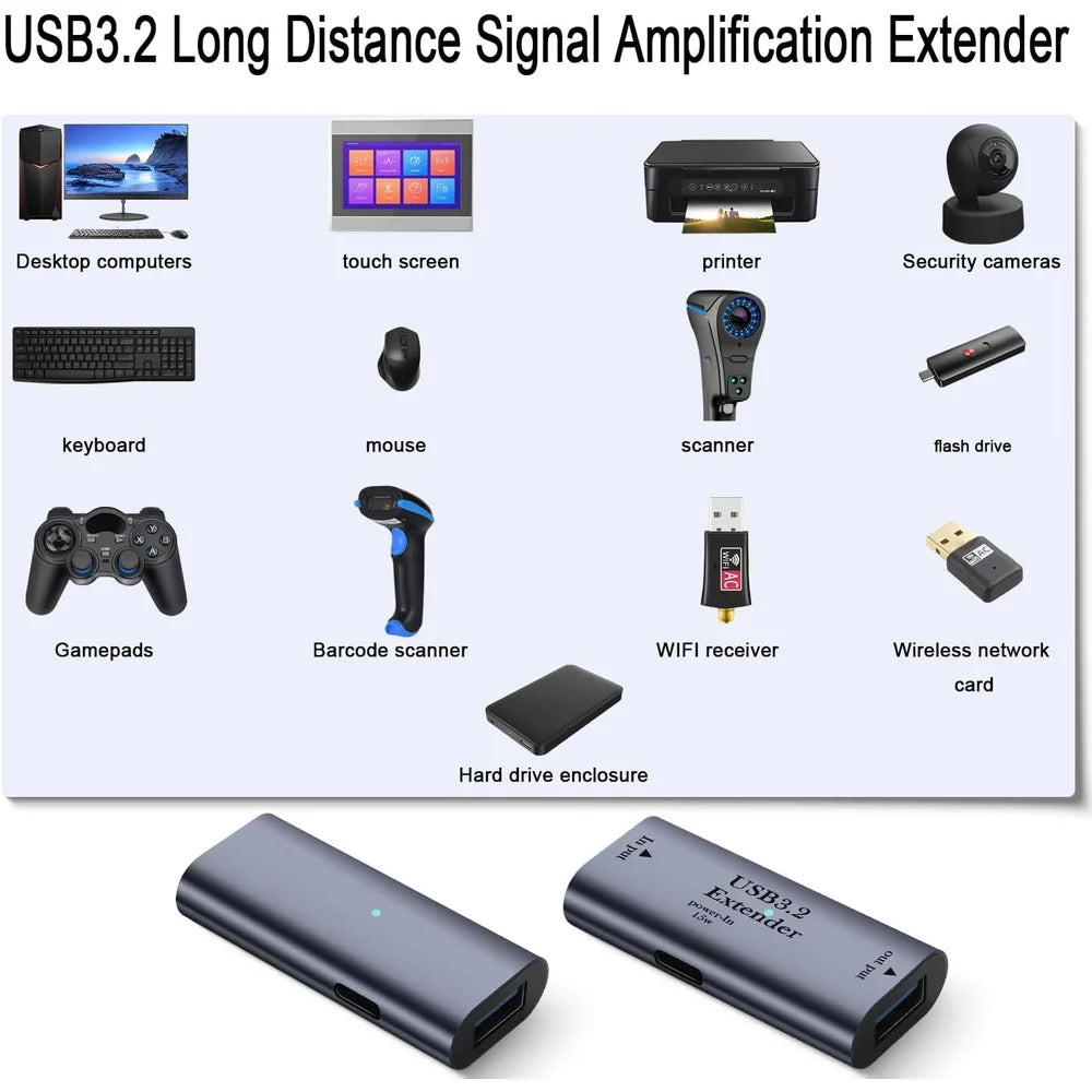 USB3.2 5Gbps 10m/33ft Long-Distance Data Extender Active Signal Amplifier Adapter with 5V/3A Power in, Compact Aluminum Design
