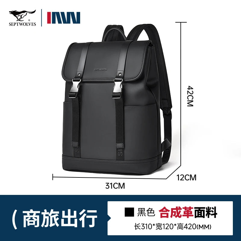 Septwolves Black Men Black Leather Backpack PU Large Capacity Best  Laptop Computer Backpack 15 Inch Travel Backpack Daily Use