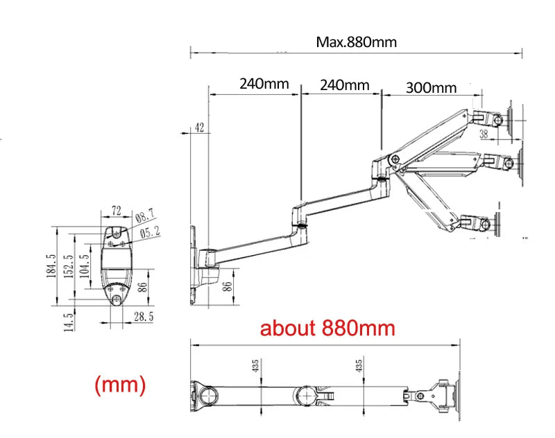 DL-7013 17-32' Mechanical Spring Aluminum Steel LCD Monitor Mount TV Wall Bracket Mount Long Arm 840mm 2-10kg VESA 100x100