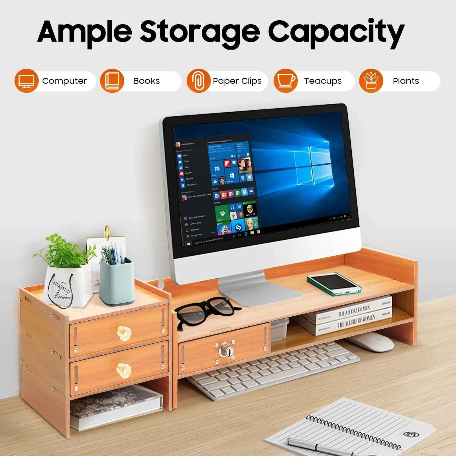 Computer Monitor Stand with Drawers & Keys & Phone Holder, Loading 5KG Computer Rack, Monitor Stand 48*20*13.5cm
